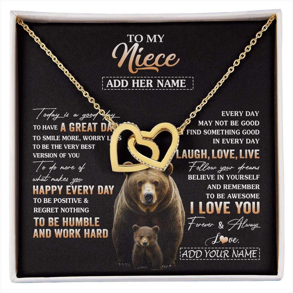 Interlocking Hearts Necklace 18K Yellow Gold Finish | 1 | Personalized To My Niece Bear Necklace From Aunt Uncle Auntie Every Day Laugh Love Live Niece Birthday Gifts Graduation Christmas Custom Gift Box Message Card | https://siriusteestore.