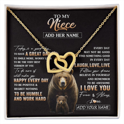 Interlocking Hearts Necklace 18K Yellow Gold Finish | 1 | Personalized To My Niece Bear Necklace From Aunt Uncle Auntie Every Day Laugh Love Live Niece Birthday Gifts Graduation Christmas Custom Gift Box Message Card | https://siriusteestore.