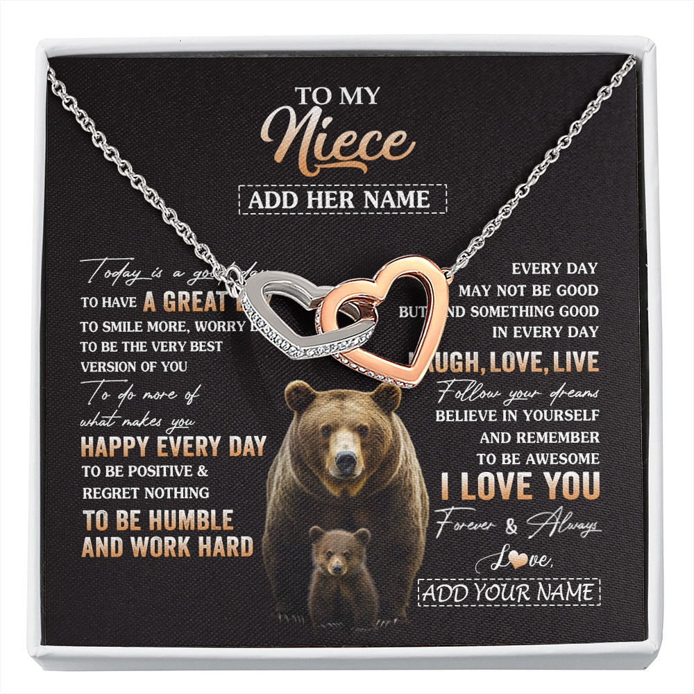 Interlocking Hearts Necklace Stainless Steel & Rose Gold Finish | 1 | Personalized To My Niece Bear Necklace From Aunt Uncle Auntie Every Day Laugh Love Live Niece Birthday Gifts Graduation Christmas Custom Gift Box Message Card | https://siriusteestore.