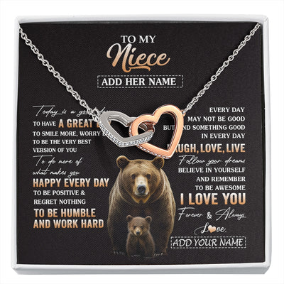 Interlocking Hearts Necklace Stainless Steel & Rose Gold Finish | 1 | Personalized To My Niece Bear Necklace From Aunt Uncle Auntie Every Day Laugh Love Live Niece Birthday Gifts Graduation Christmas Custom Gift Box Message Card | https://siriusteestore.