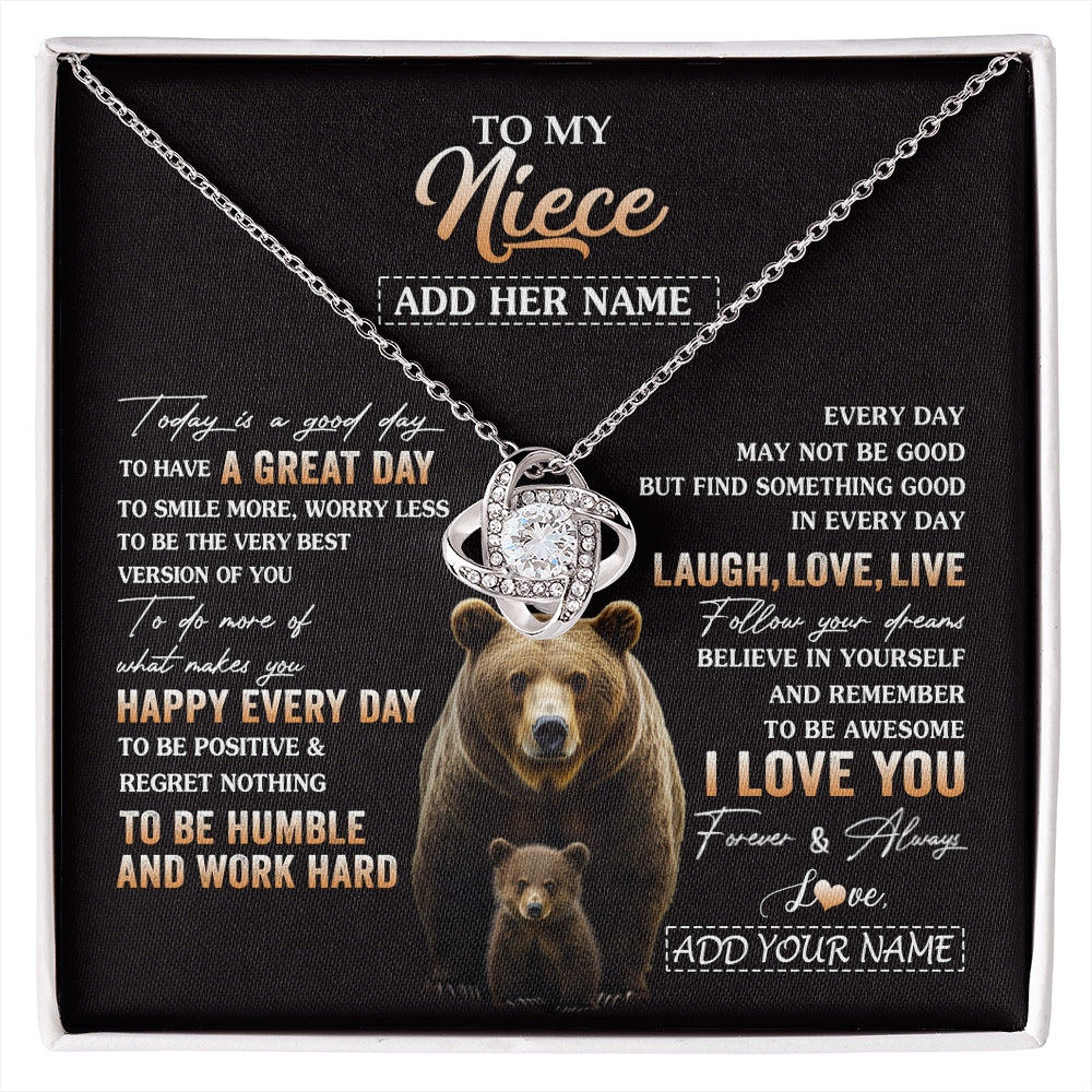 Love Knot Necklace 14K White Gold Finish | 1 | Personalized To My Niece Bear Necklace From Aunt Uncle Auntie Every Day Laugh Love Live Niece Birthday Gifts Graduation Christmas Custom Gift Box Message Card | https://siriusteestore.