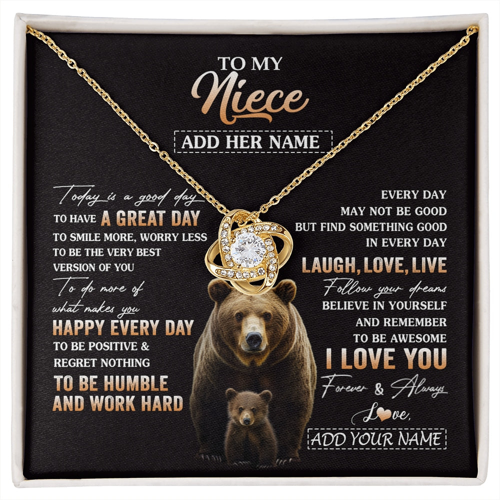 Love Knot Necklace 18K Yellow Gold Finish | 1 | Personalized To My Niece Bear Necklace From Aunt Uncle Auntie Every Day Laugh Love Live Niece Birthday Gifts Graduation Christmas Custom Gift Box Message Card | https://siriusteestore.
