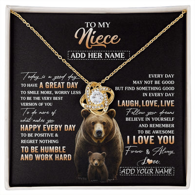 Love Knot Necklace 18K Yellow Gold Finish | 1 | Personalized To My Niece Bear Necklace From Aunt Uncle Auntie Every Day Laugh Love Live Niece Birthday Gifts Graduation Christmas Custom Gift Box Message Card | https://siriusteestore.