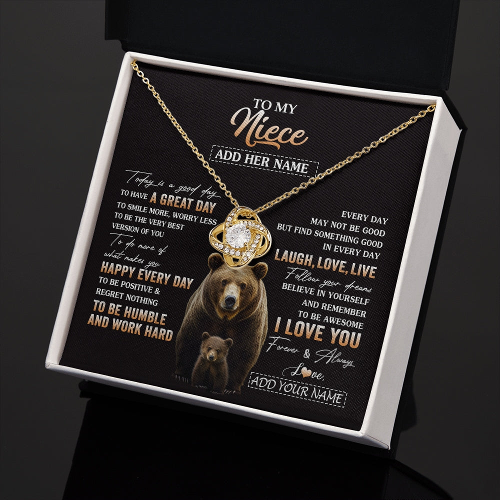 Love Knot Necklace 18K Yellow Gold Finish | 2 | Personalized To My Niece Bear Necklace From Aunt Uncle Auntie Every Day Laugh Love Live Niece Birthday Gifts Graduation Christmas Custom Gift Box Message Card | https://siriusteestore.