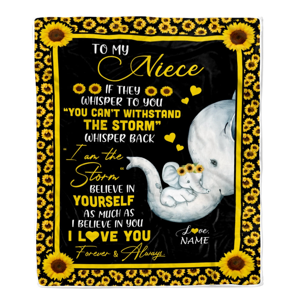 Personalized To My Niece Blanket From Aunt Auntie I Am The Storm Big Hug Sunflower Elephant Niece Birthday Christmas Customized Bed Fleece Blanket | siriusteestore