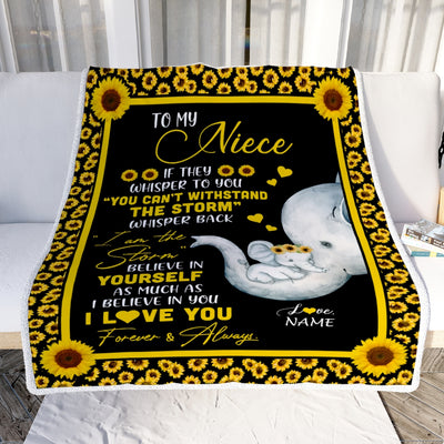Personalized To My Niece Blanket From Aunt Auntie I Am The Storm Big Hug Sunflower Elephant Niece Birthday Christmas Customized Bed Fleece Blanket | siriusteestore
