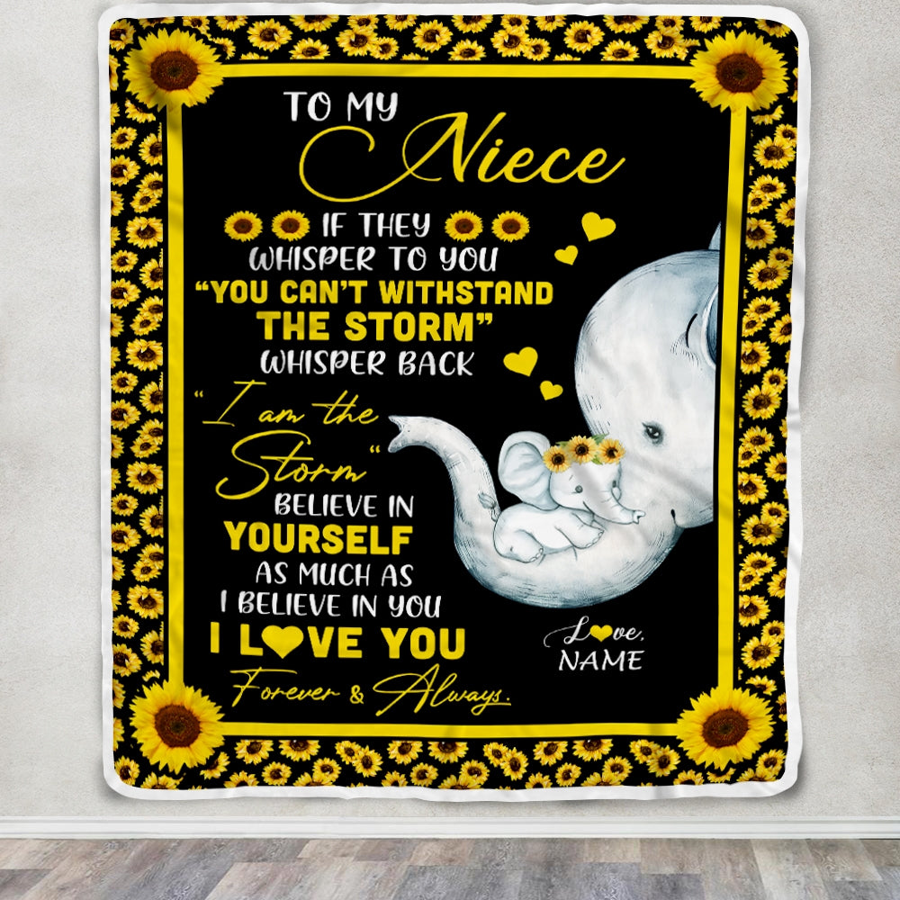 Personalized To My Niece Blanket From Aunt Auntie I Am The Storm Big Hug Sunflower Elephant Niece Birthday Christmas Customized Bed Fleece Blanket | siriusteestore