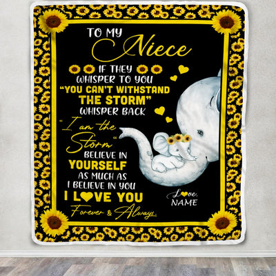 Personalized To My Niece Blanket From Aunt Auntie I Am The Storm Big Hug Sunflower Elephant Niece Birthday Christmas Customized Bed Fleece Blanket | siriusteestore