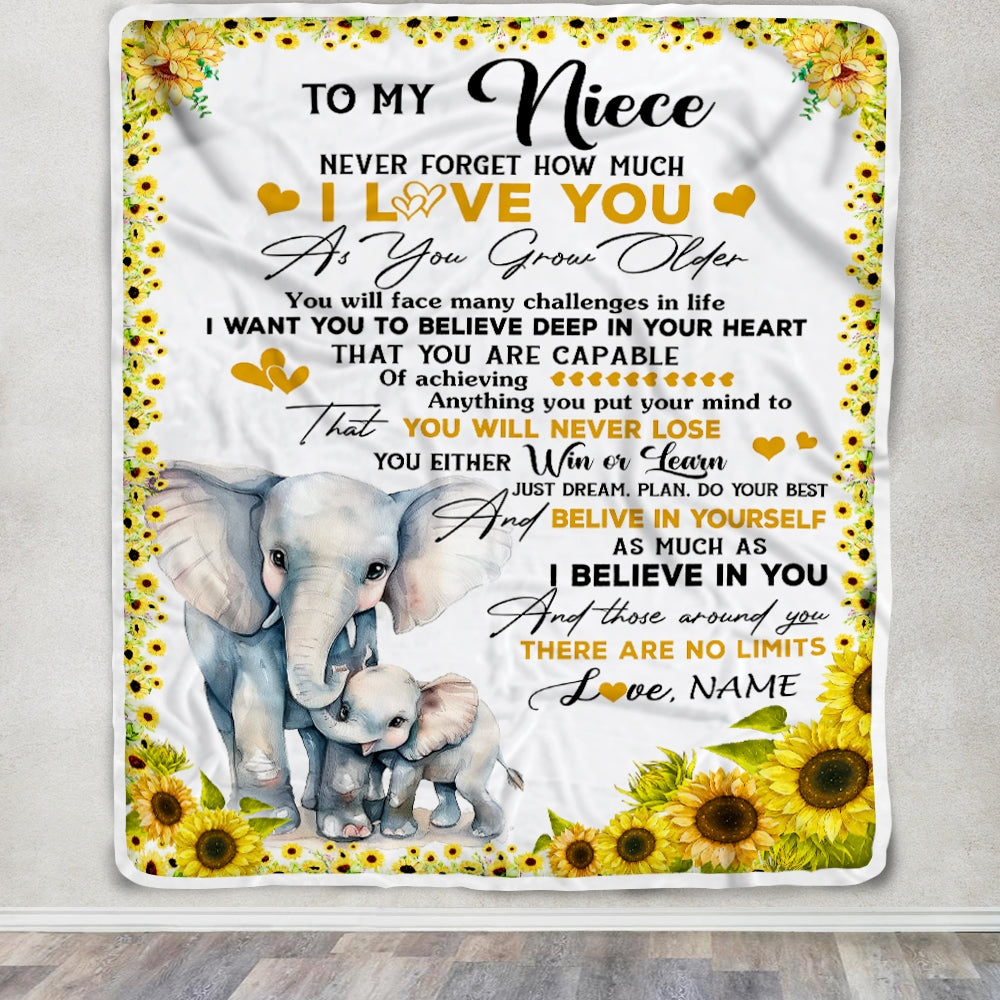 Personalized To My Niece Blanket From Aunt Auntie Never Forget I Love You Sunflower Elephant Niece Birthday Christmas Customized Bed Fleece Throw Blanket | siriusteestore
