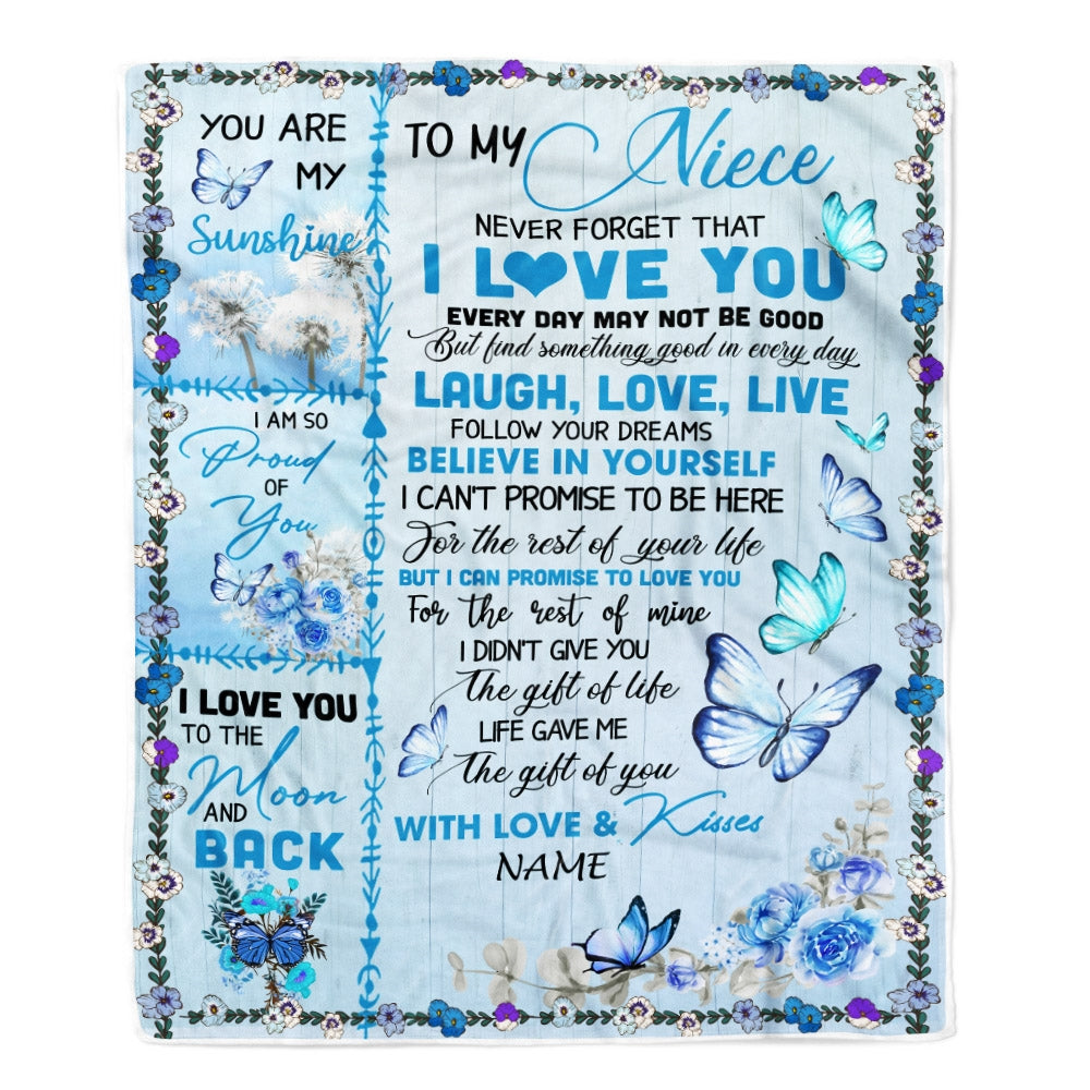 Personalized To My Niece Blanket From Aunt Auntie Uncle Bufterfly Never Forget That I Love You Niece Birthday Christmas Customized Bed Fleece Throw Blanket | siriusteestore