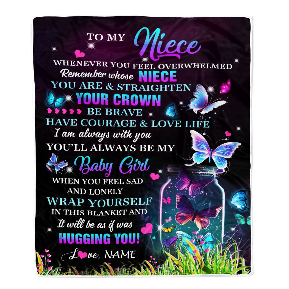 Personalized To My Niece Blanket From Aunt Auntie Uncle Butterfly Straighten Your Crown Inspirational Niece Birthday Christmas Customized Fleece Throw Blanket | siriusteestore