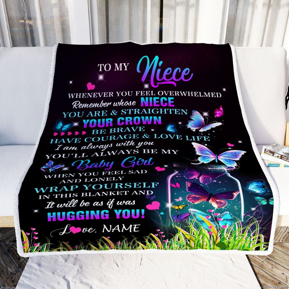 Personalized To My Niece Blanket From Aunt Auntie Uncle Butterfly Straighten Your Crown Inspirational Niece Birthday Christmas Customized Fleece Throw Blanket | siriusteestore