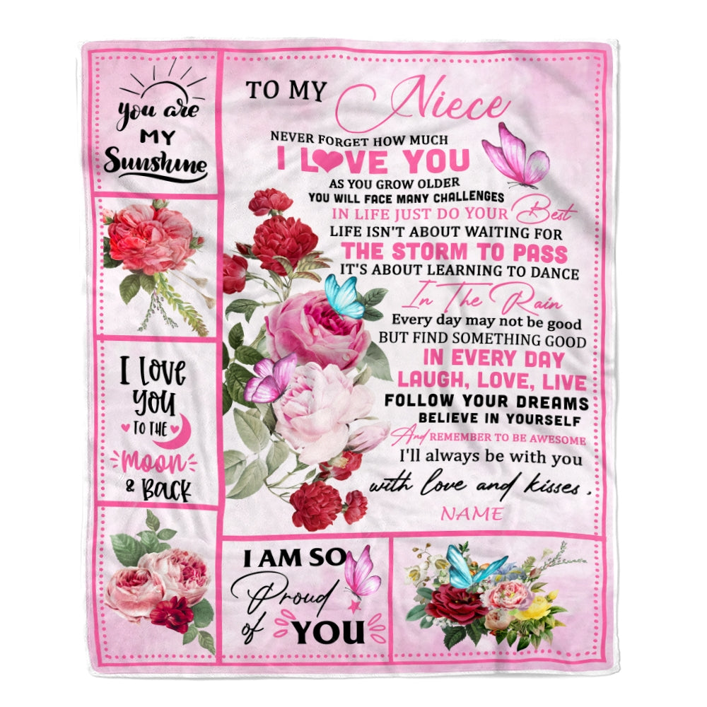 Personalized To My Niece Blanket From Aunt Auntie Uncle Never Forget I Love You Pink Butterfly Niece Birthday Christmas Customized Bed Fleece Throw Blanket | siriusteestore