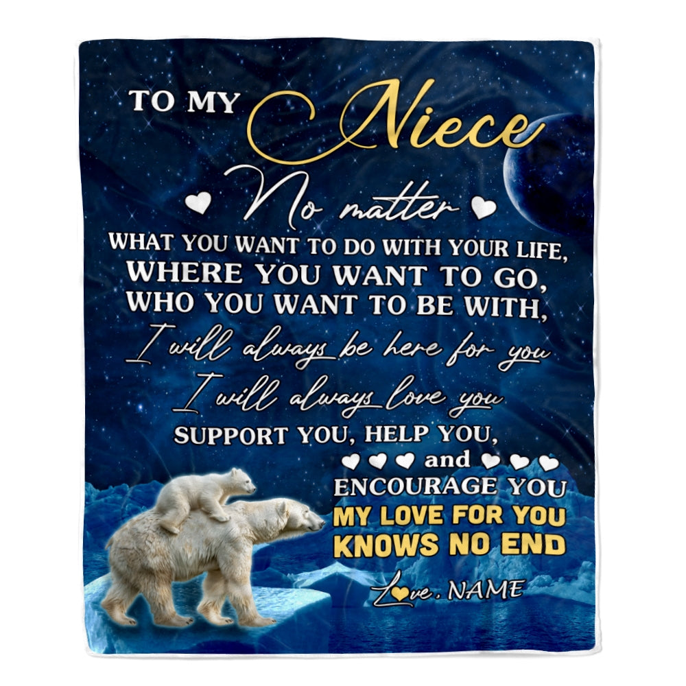 Personalized To My Niece Blanket From Aunt Auntie Uncle Polar Bear I Will Always Love You Niece Birthday Graduation Christmas Customized Fleece Throw Blanket | siriusteestore