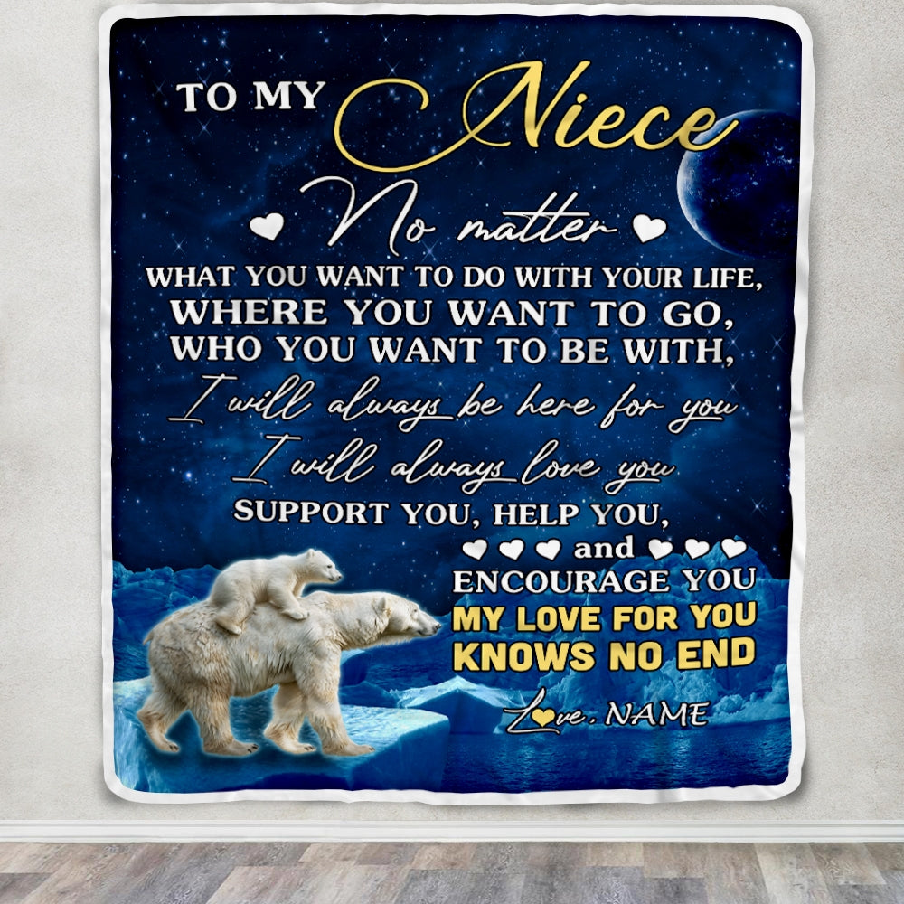 Personalized To My Niece Blanket From Aunt Auntie Uncle Polar Bear I Will Always Love You Niece Birthday Graduation Christmas Customized Fleece Throw Blanket | siriusteestore