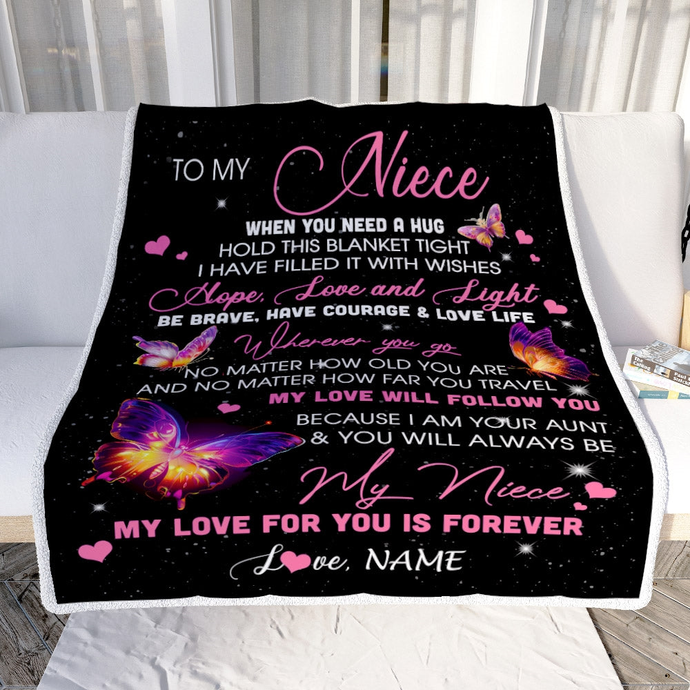 Personalized To My Niece Blanket From Aunt Butterfly When You Need A Hug Niece Birthday Graduation Christmas Customized Bed Quilt Fleece Throw Blanket | siriusteestore