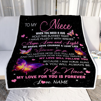Personalized To My Niece Blanket From Aunt Butterfly When You Need A Hug Niece Birthday Graduation Christmas Customized Bed Quilt Fleece Throw Blanket | siriusteestore