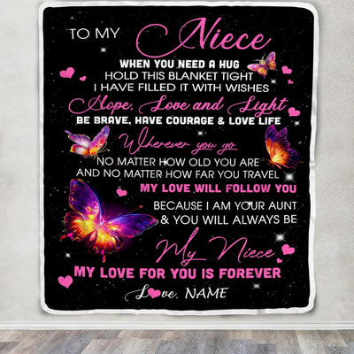 Personalized To My Niece Blanket From Aunt Butterfly When You Need A Hug Niece Birthday Graduation Christmas Customized Bed Quilt Fleece Throw Blanket | siriusteestore