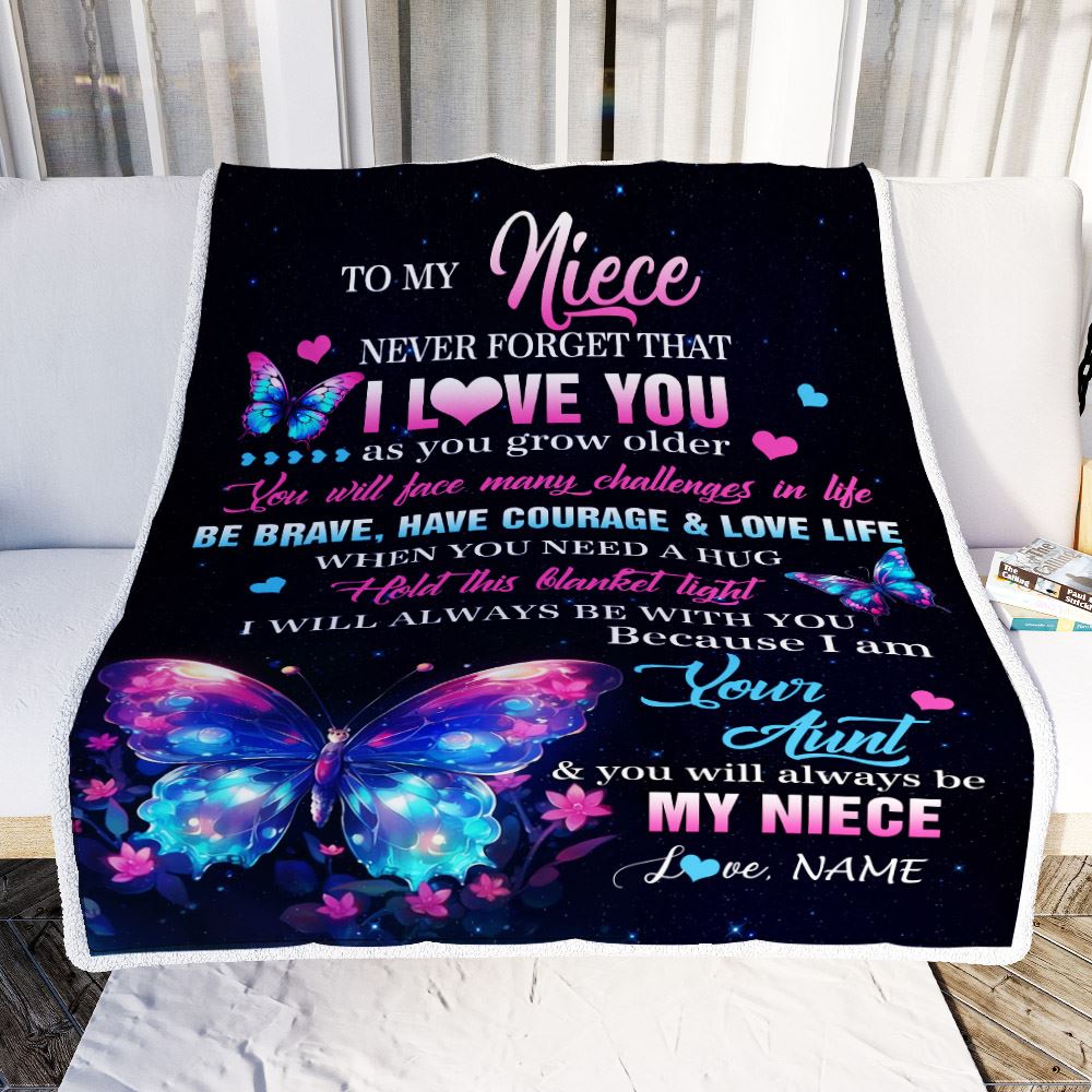 Personalized To My Niece Blanket From Aunt Never Forget I Love You Butterfly Birthday Gifts For Niece Graduation Christmas Customized Fleece Blanket | siriusteestore