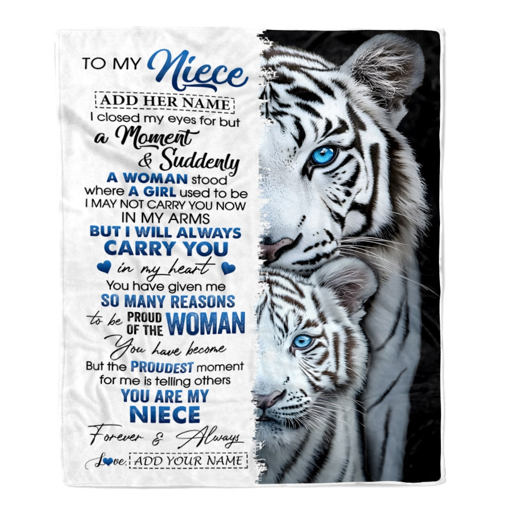 Personalized To My Niece Blanket From Aunt Uncle Auntie I Close My Eyes White Tiger Niece Birthday Gifts Graduation Christmas Custom Fleece Throw Blanket | siriusteestore