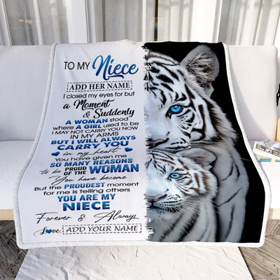 Personalized To My Niece Blanket From Aunt Uncle Auntie I Close My Eyes White Tiger Niece Birthday Gifts Graduation Christmas Custom Fleece Throw Blanket | siriusteestore