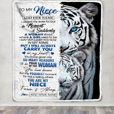 Personalized To My Niece Blanket From Aunt Uncle Auntie I Close My Eyes White Tiger Niece Birthday Gifts Graduation Christmas Custom Fleece Throw Blanket | siriusteestore
