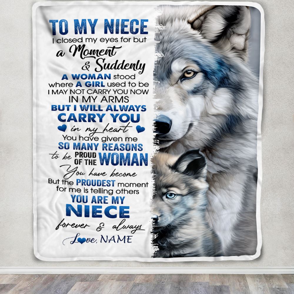 Personalized To My Niece Blanket From Aunt Uncle I Close My Eyes For But A Moment Wolf Niece Birthday Graduation Christmas Customized Gift Fleece Blanket | siriusteestore