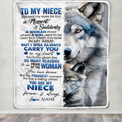 Personalized To My Niece Blanket From Aunt Uncle I Close My Eyes For But A Moment Wolf Niece Birthday Graduation Christmas Customized Gift Fleece Blanket | siriusteestore