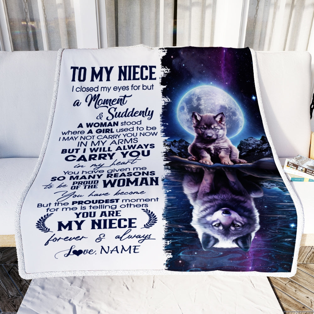 Personalized To My Niece Blanket From Aunt Uncle I Close My Eyes Wolf Niece Birthday Graduation Christmas Customized Gift Fleece Throw Blanket | siriusteestore