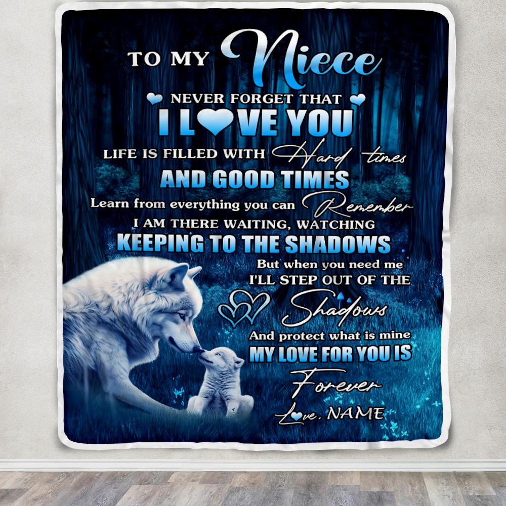 Personalized To My Niece Blanket From Aunt Uncle Wolf Never Forget That I Love You Moon Dark Forest Niece Birthday Gifts Christmas Customized Fleece Blanket | siriusteestore
