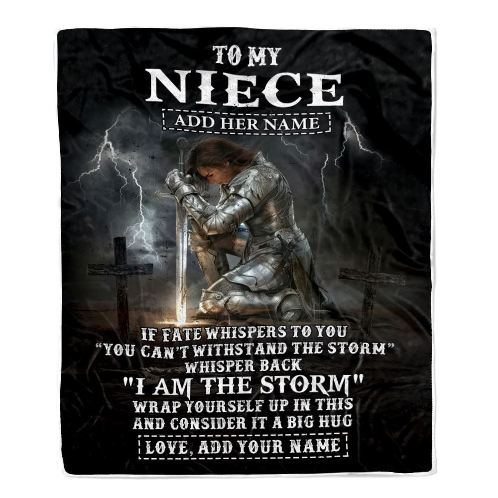 Personalized To My Niece Blanket Women Warrior Knights Templar I Am The Storm Best Niece Birthday Gifts Christmas Customized Fleece Throw Blanket | siriusteestore