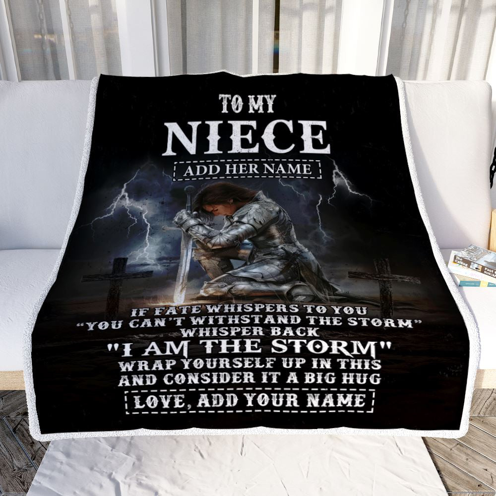 Personalized To My Niece Blanket Women Warrior Knights Templar I Am The Storm Best Niece Birthday Gifts Christmas Customized Fleece Throw Blanket | siriusteestore