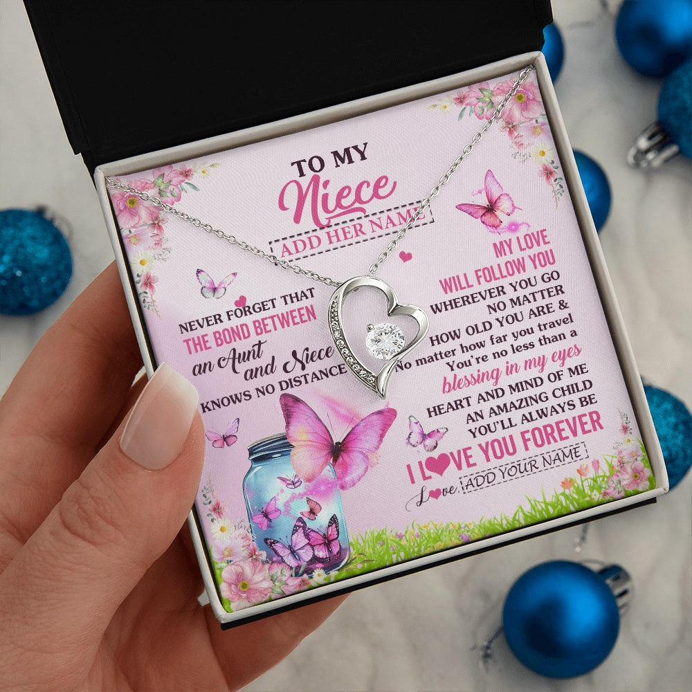 Forever Love Necklace 14K White Gold Finish | 2 | Personalized To My Niece Butterfly Necklace From Aunt Auntie The Bond Between Niece Birthday Gifts Graduation Christmas Custom Jewelry Gift Box Message Card | https://siriusteestore.