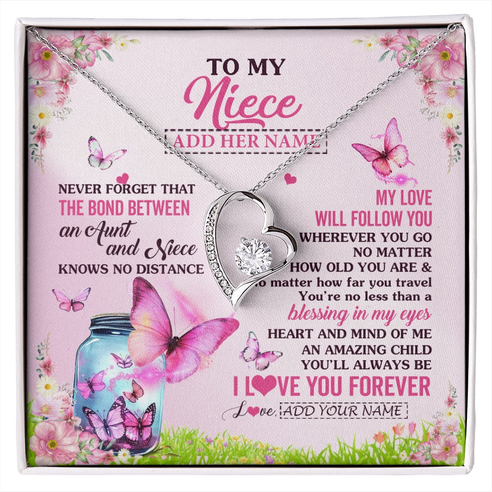 Forever Love Necklace 14K White Gold Finish | 1 | Personalized To My Niece Butterfly Necklace From Aunt Auntie The Bond Between Niece Birthday Gifts Graduation Christmas Custom Jewelry Gift Box Message Card | https://siriusteestore.