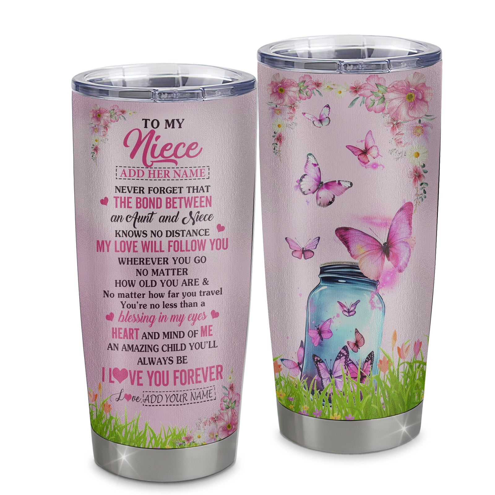 Personalized To My Niece Butterfly Tumbler From Aunt Auntie The Bond Between Niece Birthday Gifts Graduation Christmas Stainless Steel Insulated Custom Mug | siriusteestore