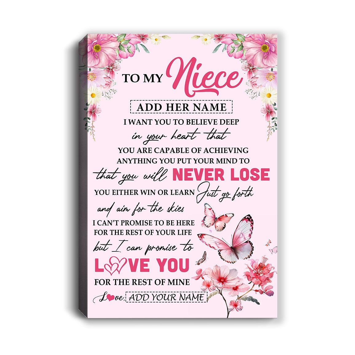 Personalized To My Niece Canvas From Aunt Uncle Auntie You Will Never Lose Butterfly Niece Birthday Gifts Graduation Christmas Custom Wall Art Print Framed Canvas | siriusteestore