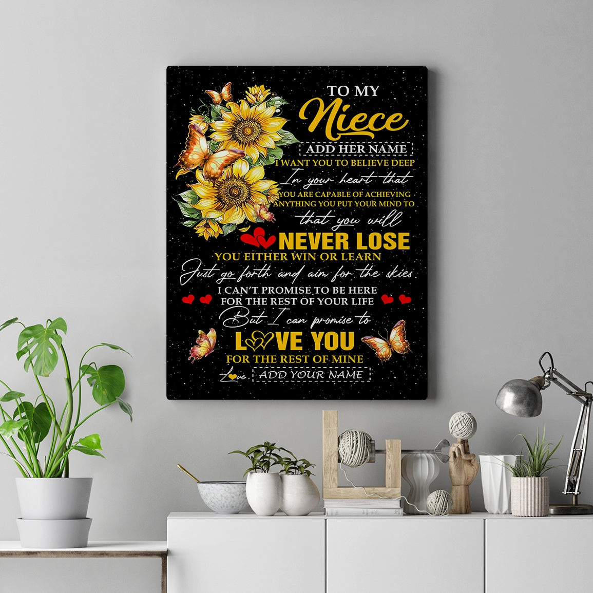 Personalized To My Niece Canvas From Aunt Uncle Auntie You Will Never Lose Sunflower Niece Birthday Gifts Graduation Christmas Custom Wall Art Print Framed Canvas | siriusteestore