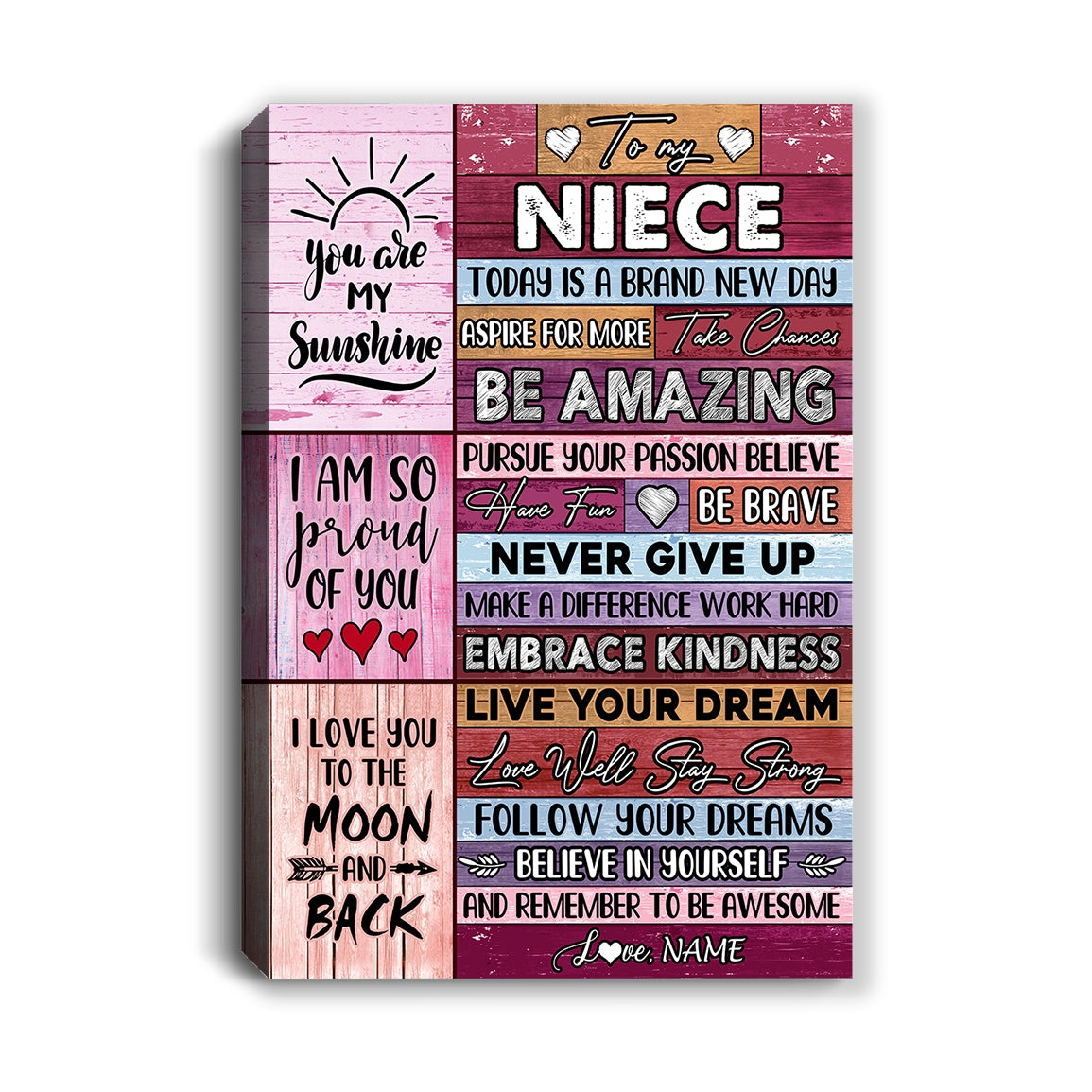 Personalized To My Niece Canvas From Aunt Uncle Never Give Up Live Your Dream Pink Wood Niece Birthday Graduation Christmas Custom Wall Art Print Home Decor Framed Canvas | siriusteestore