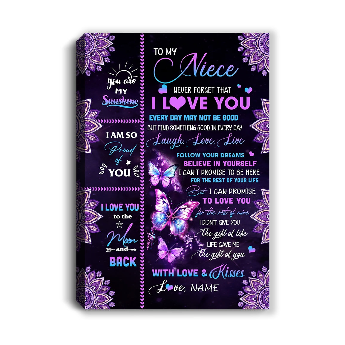 Personalized To My Niece Canvas From Uncle Aunt Never Forget That I Love You Butterfly Niece Birthday Gifts Graduation Christmas Custom Wall Art Print Framed Canvas | siriusteestore