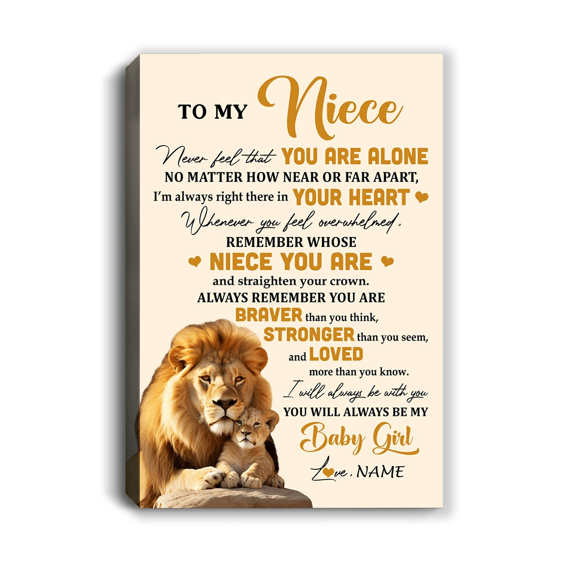 Personalized To My Niece Canvas From Uncle Lion Never Feel That You Are Alone Great Niece Pendant Birthday Gifts Christmas Custom Wall Art Print Framed Canvas | siriusteestore