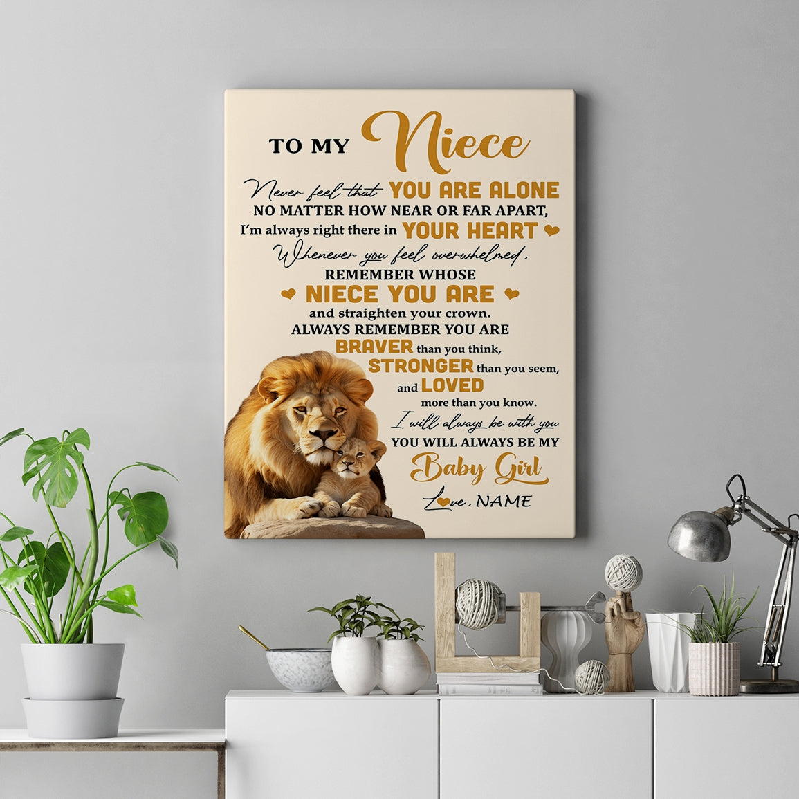 Personalized To My Niece Canvas From Uncle Lion Never Feel That You Are Alone Great Niece Pendant Birthday Gifts Christmas Custom Wall Art Print Framed Canvas | siriusteestore