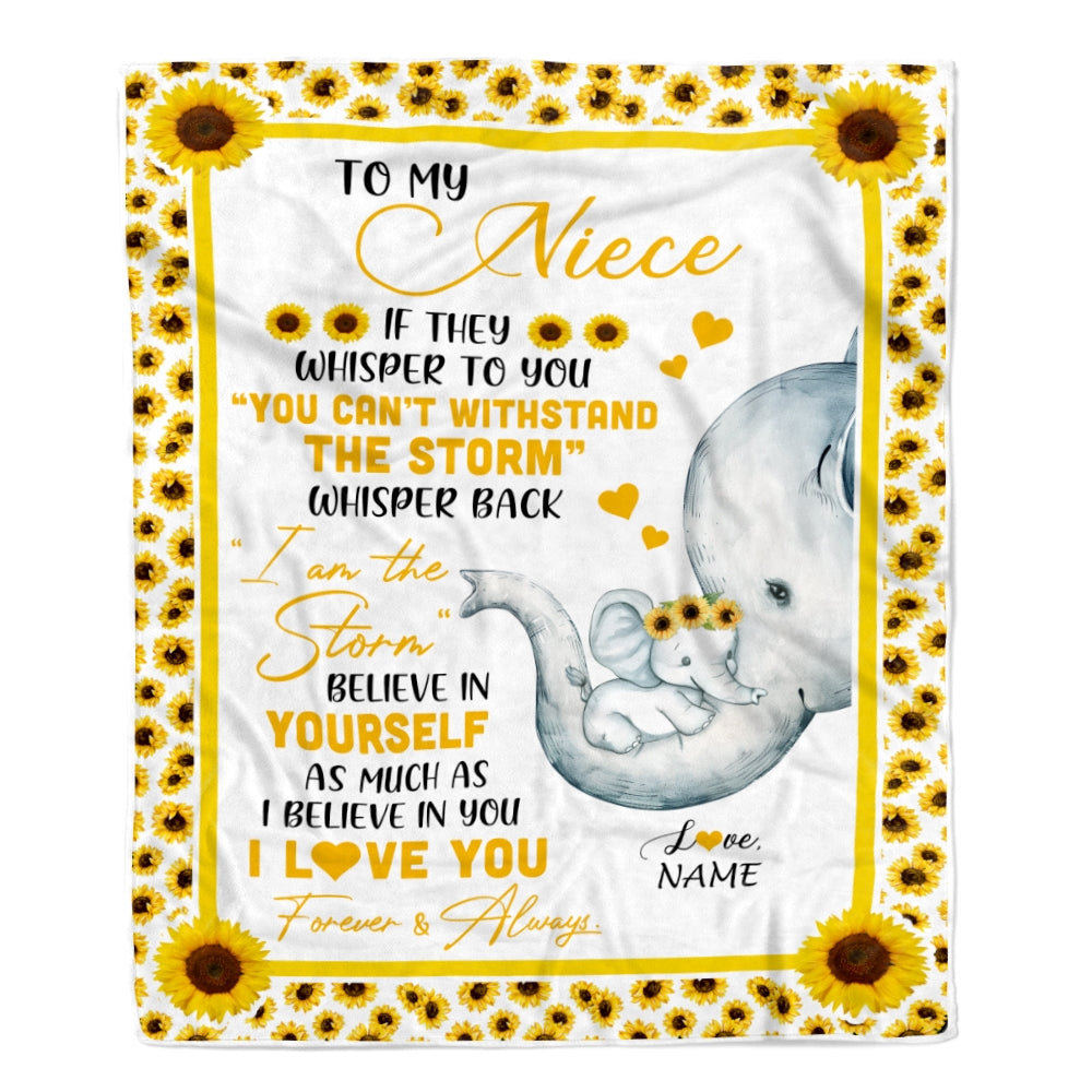 Personalized To My Niece Elephant Blanket From Aunt Auntie I Am The Storm Big Hug Sunflower Niece Birthday Christmas Customized Bed Fleece Blanket | siriusteestore