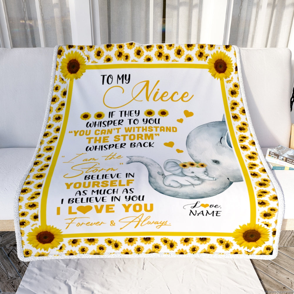 Personalized To My Niece Elephant Blanket From Aunt Auntie I Am The Storm Big Hug Sunflower Niece Birthday Christmas Customized Bed Fleece Blanket | siriusteestore