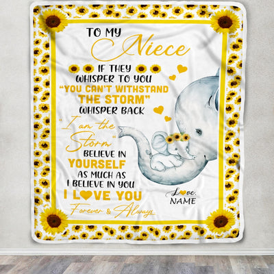 Personalized To My Niece Elephant Blanket From Aunt Auntie I Am The Storm Big Hug Sunflower Niece Birthday Christmas Customized Bed Fleece Blanket | siriusteestore