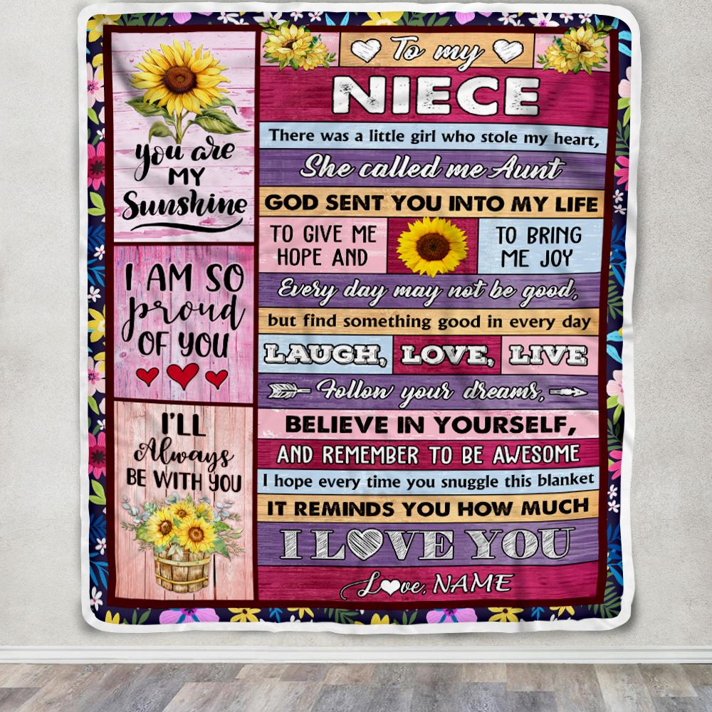 Personalized To My Niece From Aunt Blanket Wood Sunflower Little Girl Birthday Gifts Niece Graduation Valentines Day Christmas Customized Fleece Blanket | siriusteestore
