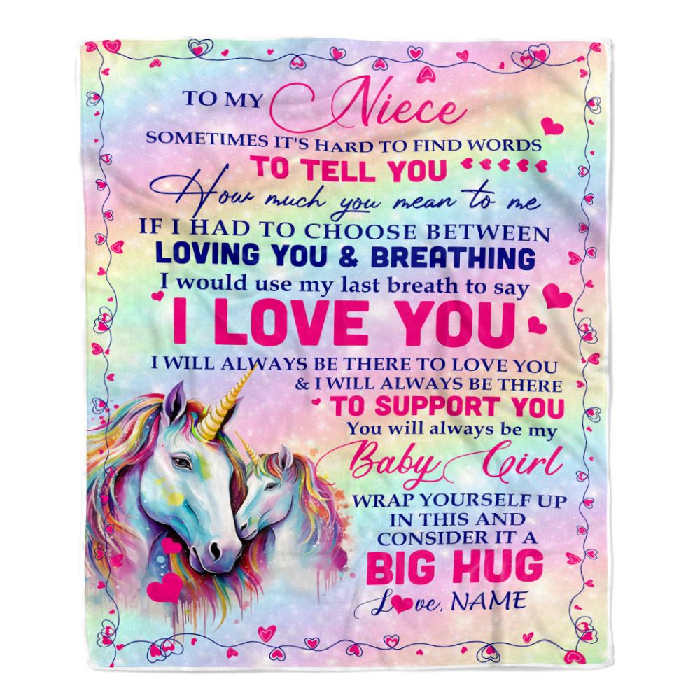 Personalized To My Niece From Aunt Sometimes It's Hard To Find Words To Say I Love You Unicorn Niece Birthday Gifts Christmas Fleece Throw Blanket | siriusteestore