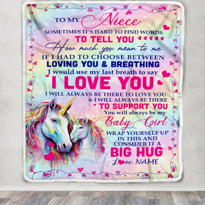 Personalized To My Niece From Aunt Sometimes It's Hard To Find Words To Say I Love You Unicorn Niece Birthday Gifts Christmas Fleece Throw Blanket | siriusteestore
