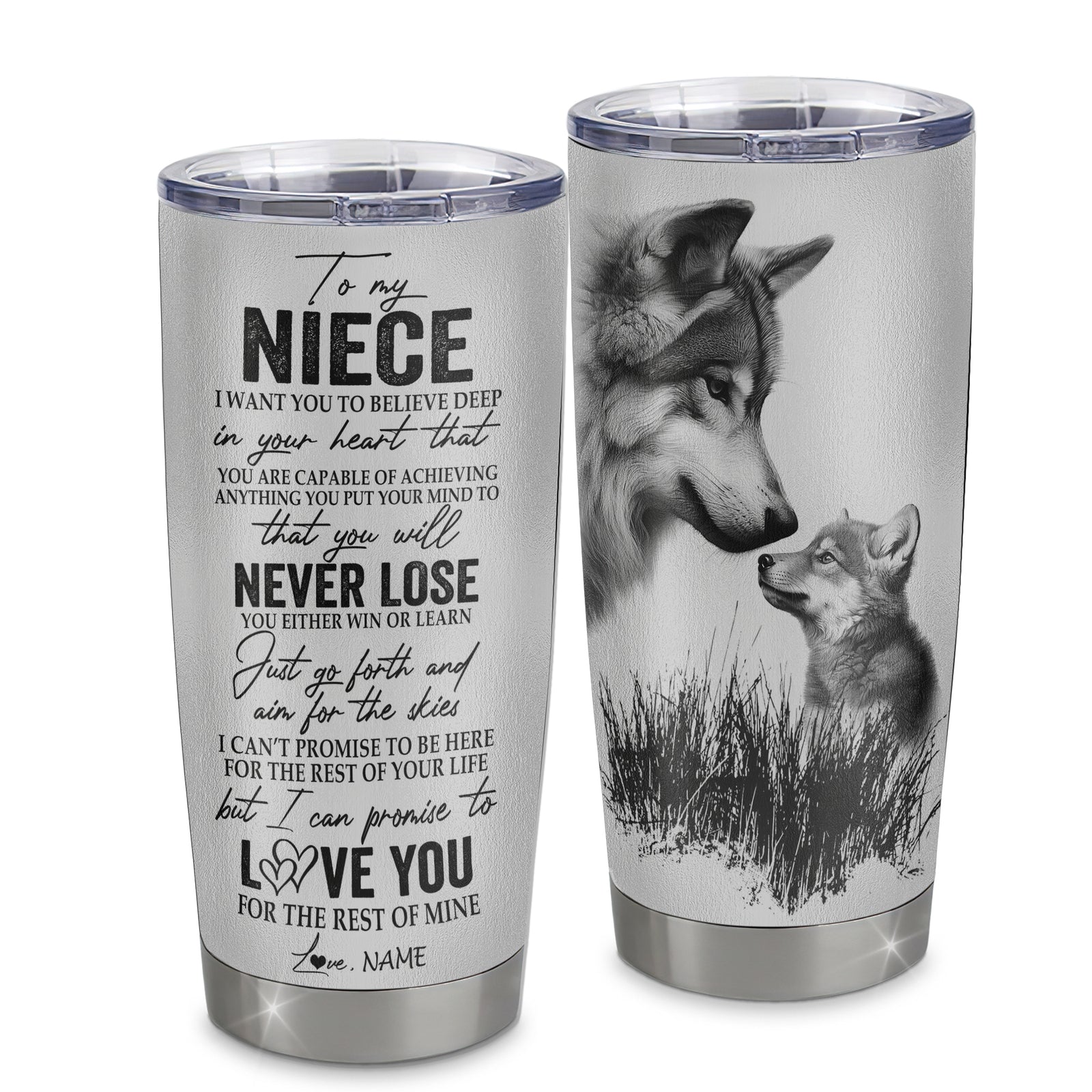 Personalized To My Niece From Aunt Uncle Auntie Stainless Steel Tumbler Cup You Will Never Lose Wolf Niece Birthday Graduation Christmas Travel Mug | siriusteestore