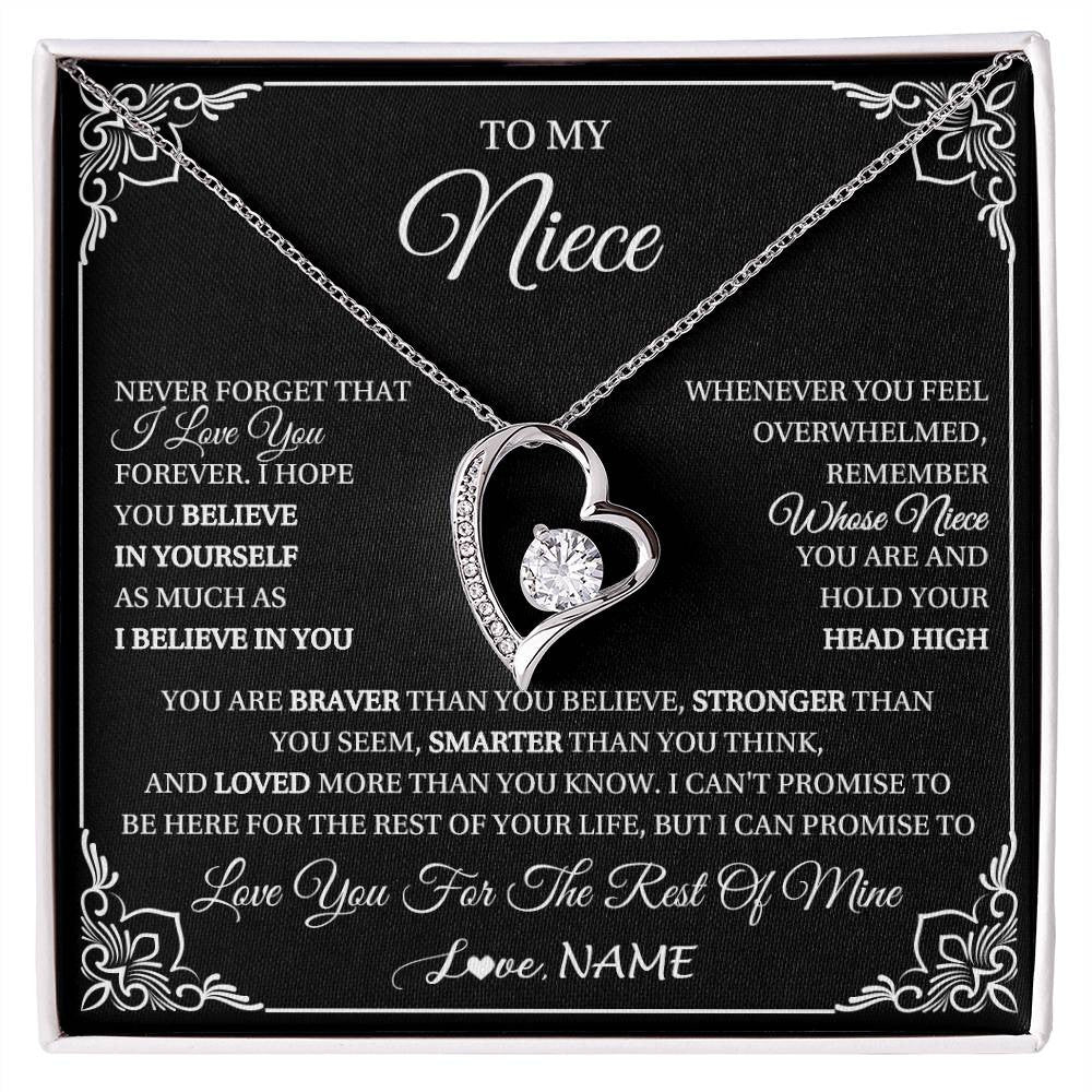 Forever Love Necklace 14K White Gold Finish | 1 | Personalized To My Niece Gift From Aunt Uncle Necklace I Love You Believe In You Niece Birthday Gifts Graduation Christmas Customized Gift Box Message Card | siriusteestore