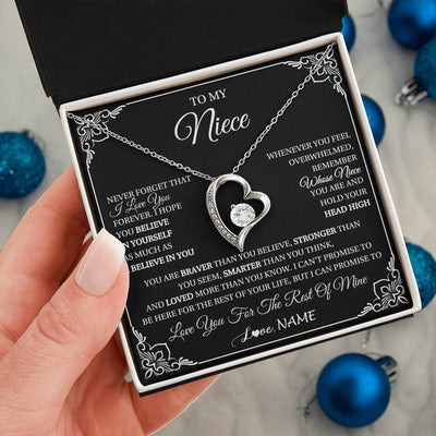 Forever Love Necklace 14K White Gold Finish | 2 | Personalized To My Niece Gift From Aunt Uncle Necklace I Love You Believe In You Niece Birthday Gifts Graduation Christmas Customized Gift Box Message Card | siriusteestore